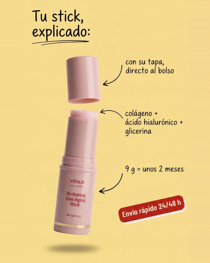 Tu stick, explicado: con su tapa, directo al bolso; colágeno, ácido hialurónico y glicerina; 9 g, unos 2 meses. Envío rápido 24/48 h