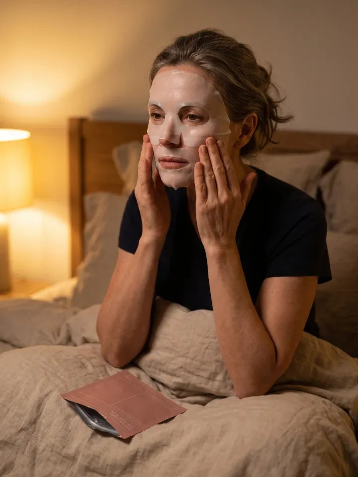 Por la noche, en la cama y con la lámpara encendida, una mujer se ajusta con las dos manos la mascarilla de hidrogel