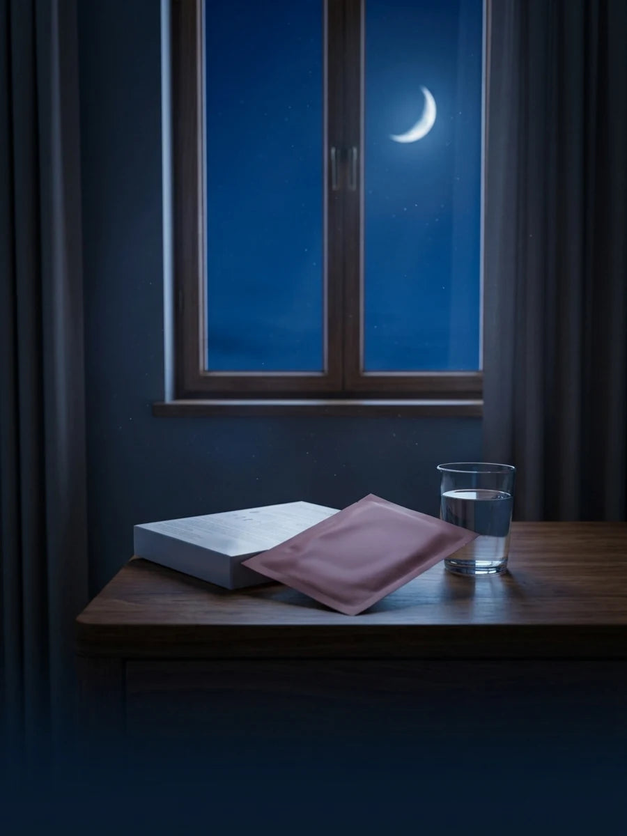 De noche, junto a la ventana con la luna, una caja de mascarillas de hidrogel y un sobre en la mesa