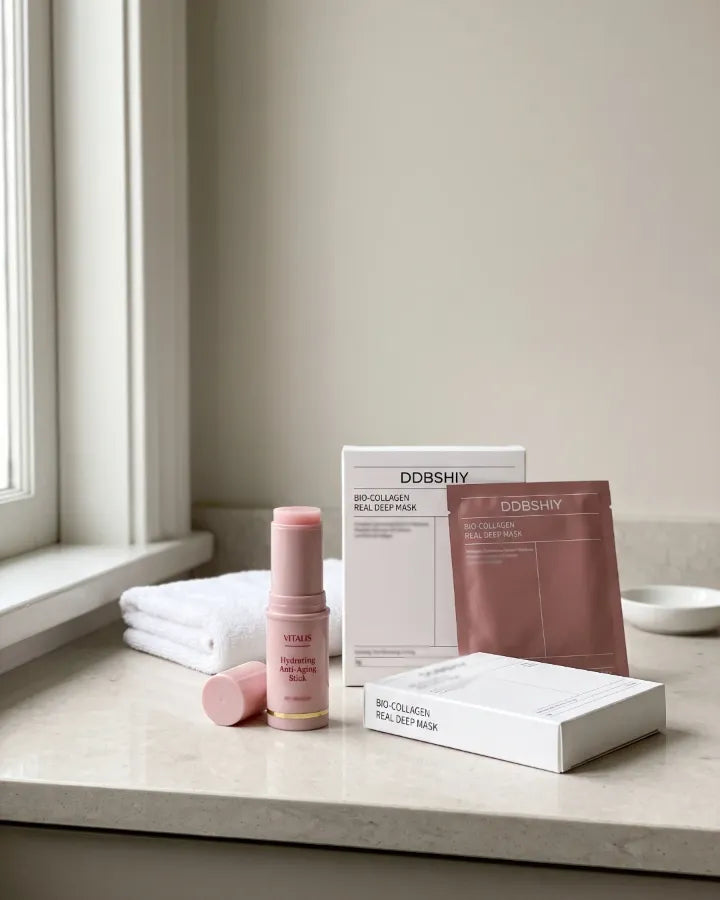 La rutina en la encimera del baño: el stick de colágeno, dos cajas de mascarillas de hidrogel y un sobre