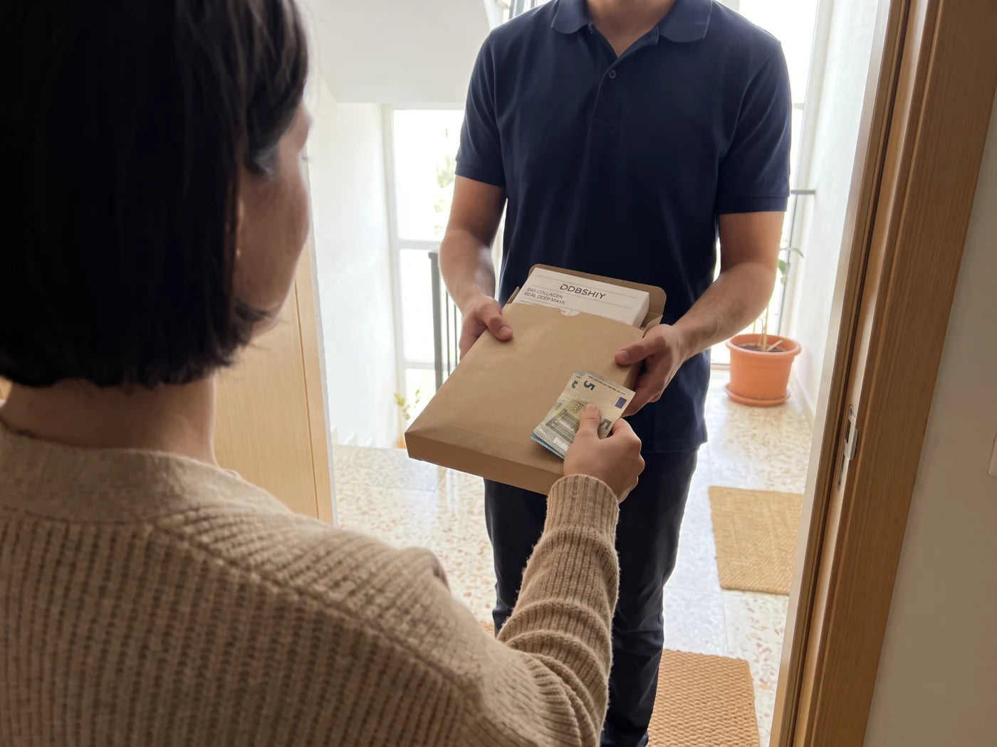 En la puerta de casa, una mujer recibe una caja de cartón del repartidor y le paga con unos billetes doblados